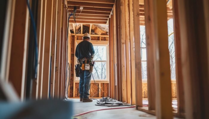 Interior view of a house being built, showcasing electricians skillfully installing wiring and fixtures amidst the contrast of unfinished walls. Generative AI