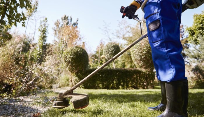 Gardener with weedwacker cutting the grass in the garden