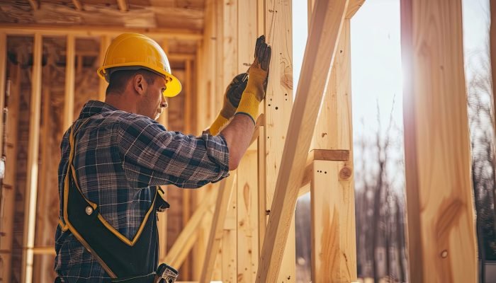 Professional carpenter framing a wall. Home improvement, skilled labor, craftsmanship, framing, precision, expertise, reliable, quality. Generated by AI